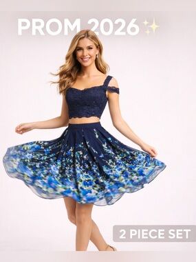 Sequin Hearts Navy 2 Piece Prom Dress Set Size 9 Juniors (Fits XS/S) Floral Lace